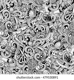 Cartoon hand-drawn doodles handmade, sewing seamless pattern. Line art trace detailed, with lots of objects vector background