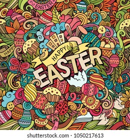 Cartoon hand-drawn doodles Happy Easter background. Colorful detailed, with lots of objects vector card design