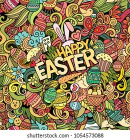 Cartoon hand-drawn doodles Happy Easter background. Colorful detailed, with lots of objects vector card design