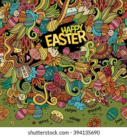 Cartoon hand-drawn doodles Happy Easter background. Colorful detailed, with lots of objects vector card design