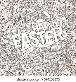 Cartoon hand-drawn doodles Happy Easter background. Line art detailed, with lots of objects vector card design