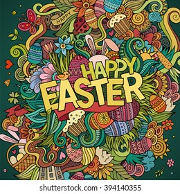 Cartoon hand-drawn doodles Happy Easter background. Colorful detailed, with lots of objects vector card design