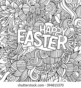Cartoon hand-drawn doodles Happy Easter background. Line art detailed, with lots of objects vector card design