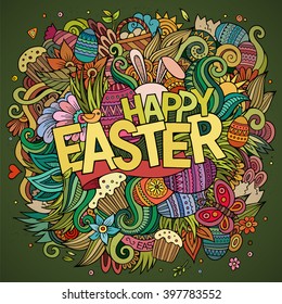Cartoon hand-drawn doodles Happy Easter background. Colorful detailed, with lots of objects vector card design