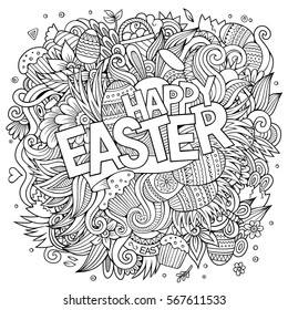 Cartoon hand-drawn doodles Happy Easter background. Line art detailed, with lots of objects vector card design 