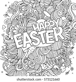 Cartoon hand-drawn doodles Happy Easter background. Line art detailed, with lots of objects vector card design