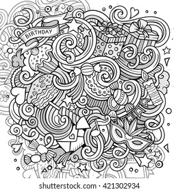 Cartoon hand-drawn doodles holidays illustration. Line art detailed, with lots of objects vector design background
