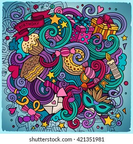 Cartoon hand-drawn doodles holidays illustration. Colorful detailed, with lots of objects vector design background