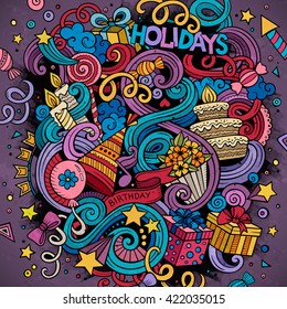 Cartoon hand-drawn doodles holidays illustration. Colorful detailed, with lots of objects vector design background