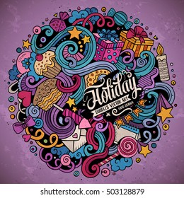 Cartoon hand-drawn doodles holidays illustration. Colorful detailed, with lots of objects vector design background
