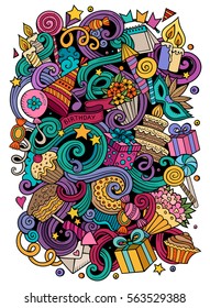 Cartoon hand-drawn doodles holidays illustration. Colorful detailed, with lots of objects vector design background 