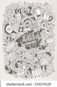 Cartoon hand-drawn doodles holidays illustration. Line art detailed, with lots of objects vector design background