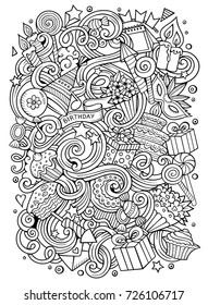 Cartoon hand-drawn doodles holidays illustration. Line art detailed, with lots of objects vector design background