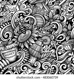 Cartoon hand-drawn doodles Honey seamless pattern. Line art trace detailed, with lots of objects vector background