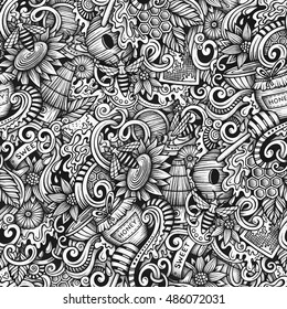 Cartoon hand-drawn doodles Honey seamless pattern. Line art trace detailed, with lots of objects vector background