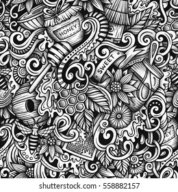 Cartoon hand-drawn doodles Honey seamless pattern. Line art trace detailed, with lots of objects vector background