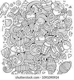 Cartoon hand-drawn doodles Ice Cream illustration. Line art detailed, with lots of objects vector design background