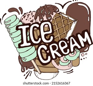 Cartoon hand-drawn doodles Ice Cream illustration. Line art detailed, with lots of objects vector design background