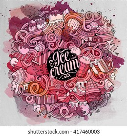 Cartoon hand-drawn doodles Ice Cream illustration. Line art watercolor detailed, with lots of objects vector design background