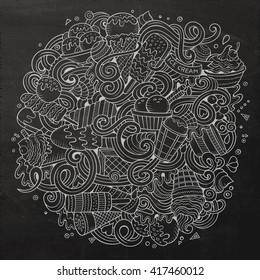 Cartoon hand-drawn doodles Ice Cream illustration. Chalkboard detailed, with lots of objects vector design background