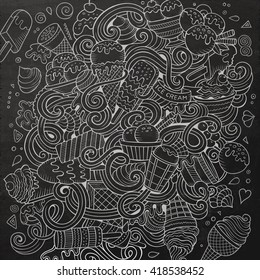 Cartoon hand-drawn doodles Ice Cream illustration. Chalkboard detailed, with lots of objects vector design background
