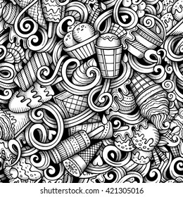 Cartoon hand-drawn doodles ice cream seamless pattern. Line art trace detailed, with lots of objects vector background