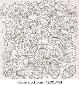 Cartoon hand-drawn doodles Ice Cream illustration. Line art detailed, with lots of objects vector design background