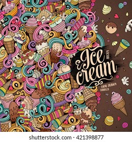 Cartoon hand-drawn doodles Ice Cream illustration. Line art colorful detailed, with lots of objects vector design background