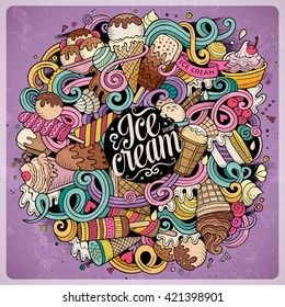 Cartoon hand-drawn doodles Ice Cream illustration. Vintage detailed, with lots of objects vector design background