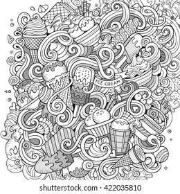 Cartoon hand-drawn doodles Ice Cream illustration. Line art detailed, with lots of objects vector design background