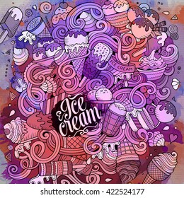 Cartoon hand-drawn doodles Ice Cream illustration. Line art watercolor detailed, with lots of objects vector design background