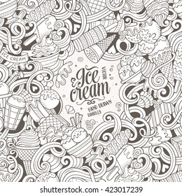 Cartoon hand-drawn doodles Ice Cream illustration. Line art frame detailed, with lots of objects vector design background