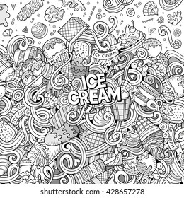 Cartoon hand-drawn doodles Ice Cream illustration. Line art detailed, with lots of objects vector design background