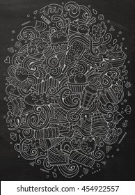 Cartoon hand-drawn doodles Ice Cream illustration. Chalkboard detailed, with lots of objects vector design background