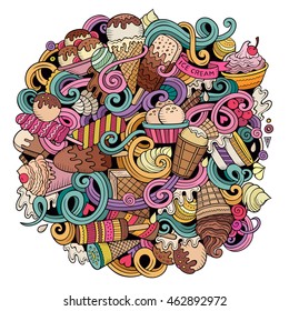 Cartoon hand-drawn doodles Ice Cream illustration. Line art colorful detailed, with lots of objects vector design background