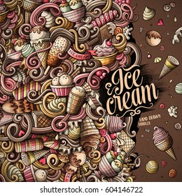 Cartoon hand-drawn doodles Ice Cream illustration. Colorful frame detailed, with lots of objects vector design background