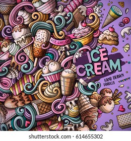 Cartoon hand-drawn doodles Ice Cream illustration. Colorful frame detailed, with lots of objects vector design background