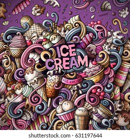 Cartoon hand-drawn doodles Ice Cream illustration. Colorful frame detailed, with lots of objects vector design background