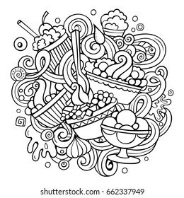 Cartoon hand-drawn doodles Ice Cream illustration. Line art detailed, with lots of objects vector design background