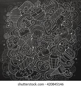 Cartoon hand-drawn doodles Ice-cream illustration. Chalkboard detailed, with lots of objects vector design background