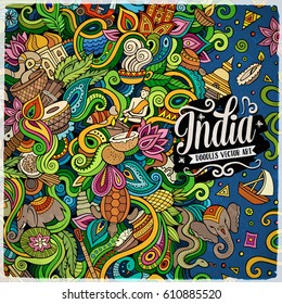 Cartoon hand-drawn doodles India illustration. Colorful frame detailed, with lots of objects vector design background