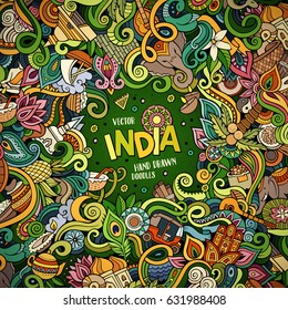 Cartoon hand-drawn doodles India illustration. Colorful frame detailed, with lots of objects vector design background