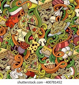 Cartoon hand-drawn doodles Italian cuisine seamless pattern. Colorful detailed, with lots of objects vector background