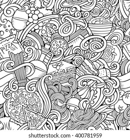 Cartoon hand-drawn doodles Italian cuisine seamless pattern. Line art detailed, with lots of objects vector background