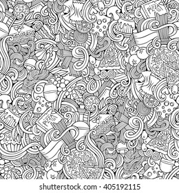 Cartoon hand-drawn doodles Italian cuisine seamless pattern. Line art detailed, with lots of objects vector background