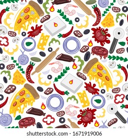 Cartoon hand-drawn doodles Italian food illustration. Seamless pattern. Colorful detailed, with lots of objects vector design background