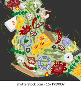 Cartoon hand-drawn doodles Italian food illustration. Colorful detailed, with lots of objects vector design background