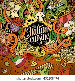 Cartoon hand-drawn doodles Italian food illustration. Colorful detailed, with lots of objects vector design background