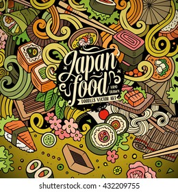 Cartoon hand-drawn doodles Japan food illustration. Colorful detailed, with lots of objects vector design background