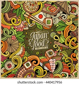 Cartoon hand-drawn doodles Japan food frame. Colorful detailed, with lots of objects vector design background